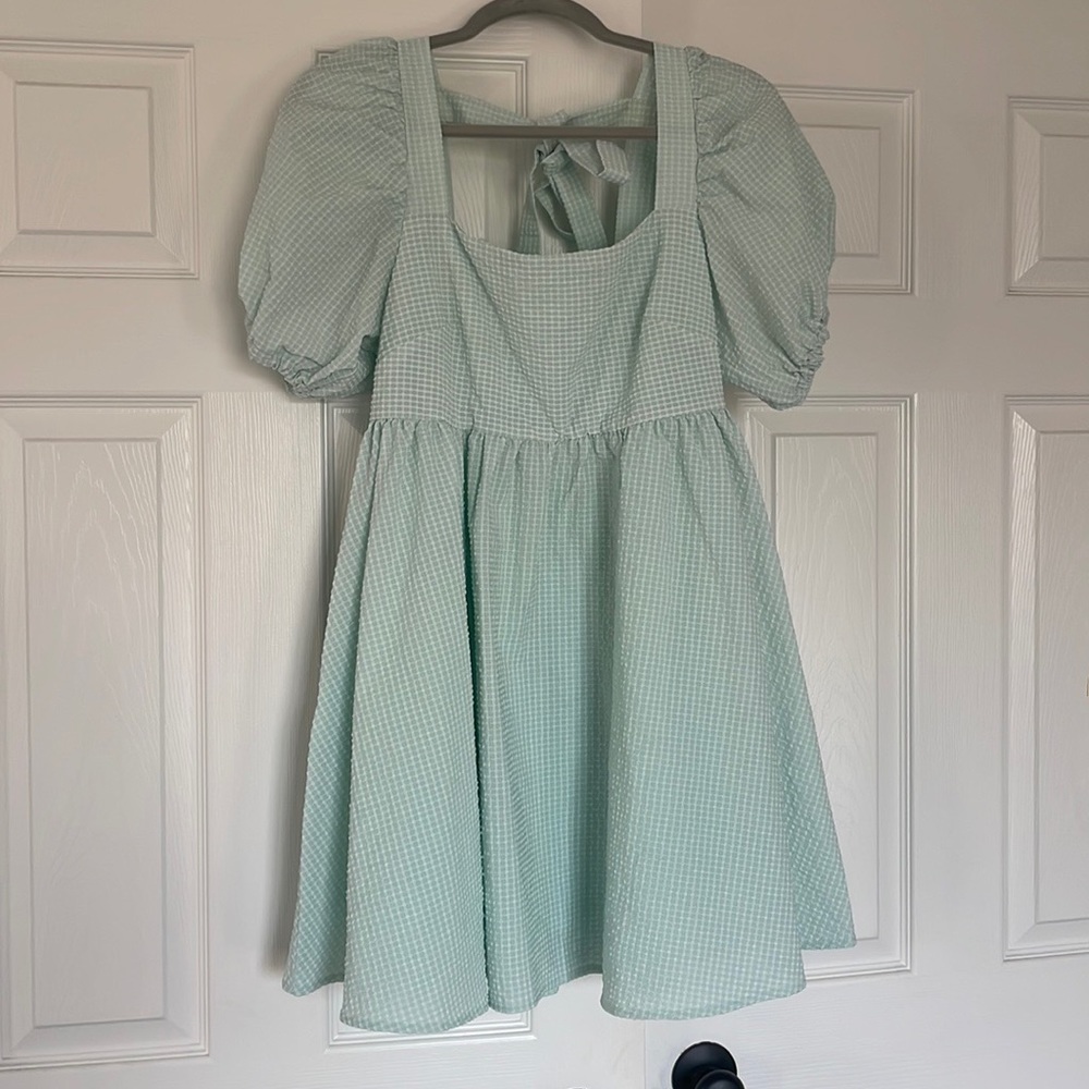 Square Neck Puff Sleeve Mini Dress in Light Mint - Picture 4 of 4
